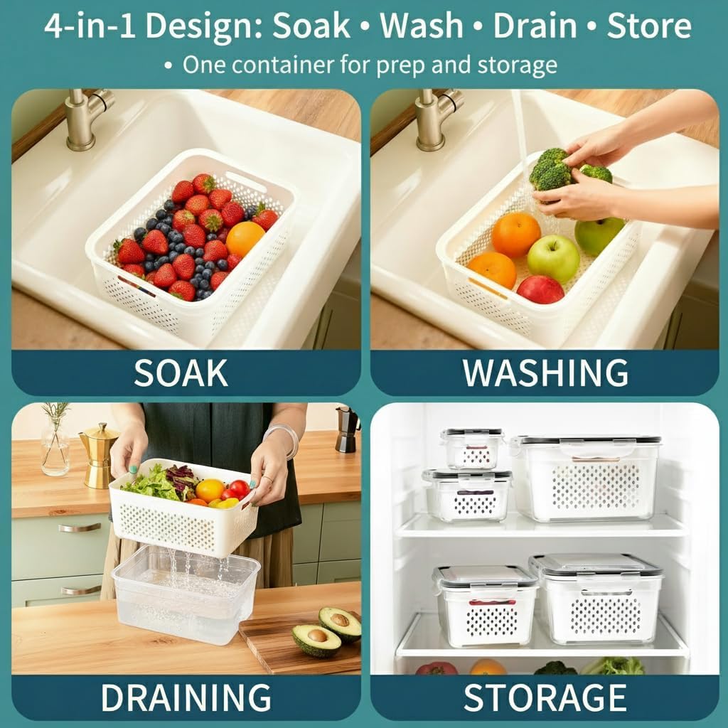 Fruit Storage Containers for Fridge 2 Pack, Fridge Organizers and Storage, Fruit and Vegetable Storage Produce Box with Drain Basket, Refrigerator Food Saver Set