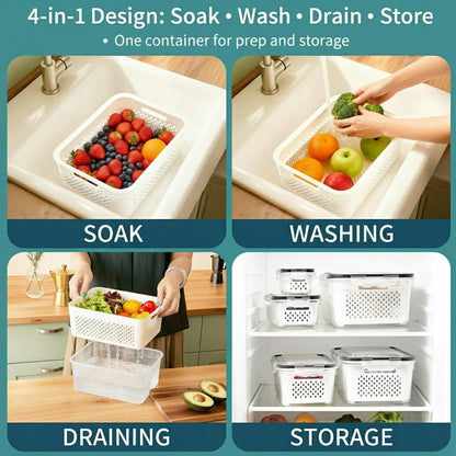 Fruit Storage Containers for Fridge 2 Pack, Fridge Organizers and Storage, Fruit and Vegetable Storage Produce Box with Drain Basket, Refrigerator Food Saver Set