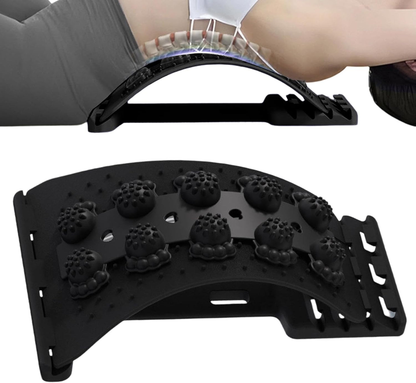 Back Stretcher - Lumbar Spine Relaxer, 4-Level Adjustable Relaxation Board | Yoga Back Stretcher | Scoliosis Massager Device with Black Massage Head for Muscle Alignment Cracking Lower Påin Ŕelief Ho