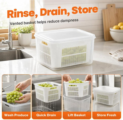 Kruggo Fruit Storage Container For Fruit Kitchen Storage (A, Medium) | Removable Colander Produce Storage Containers for Fridge Organizer