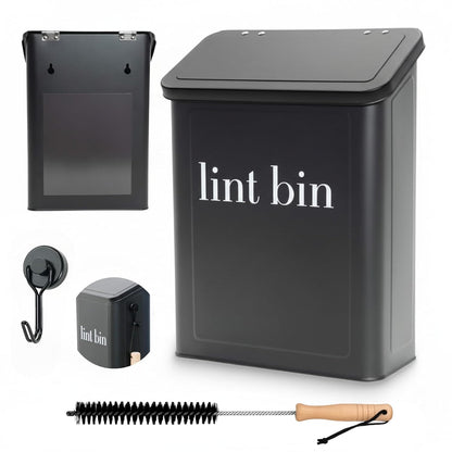 Magnetic Laundry Lint Bin for Dryer | Wall-Mounted Small Trash Can for Laundry Room | Includes Magnetic Hook & Lint Brush | Space-Saving Magnetic Laundry Trash Can | Matte White
