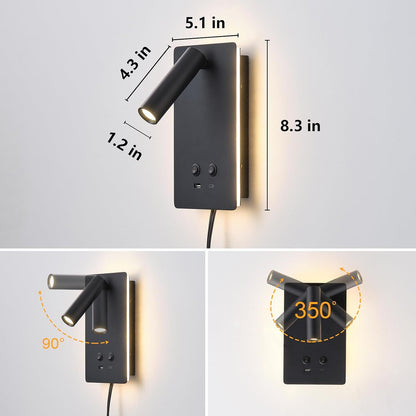 MOLUOLA LED Wall Lamp Wall Mounted Reading Lights, Adjustable Headboard Plug in Wall Sconce with USB C+A Ports, Headboard Bedside Lamp with 9W+3W Night Light 3000K (White)