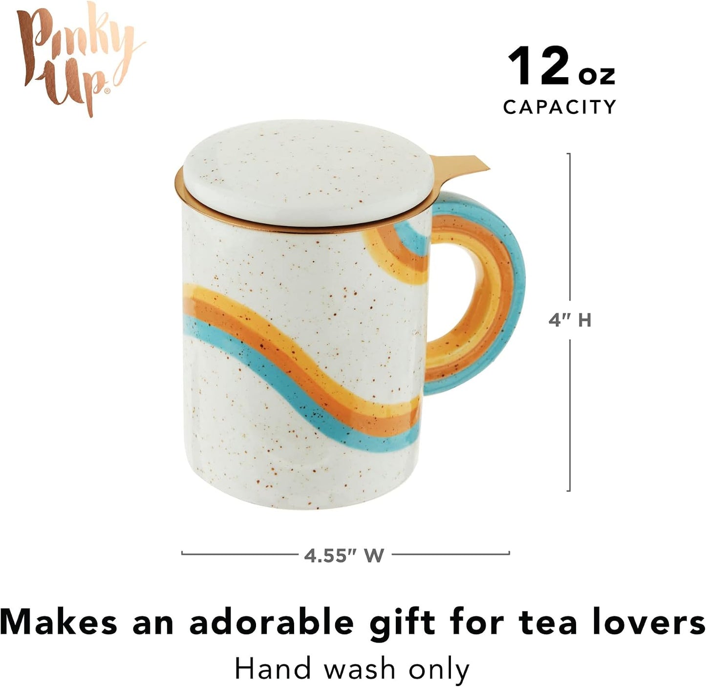 Pinky Up Annette Ceramic Tea Cup with Infuser and Lid, Travel Mug for Loose Leaf Teas, Home Office, Camping, Picnic Party, 12 oz, Set of 1, Honeycomb