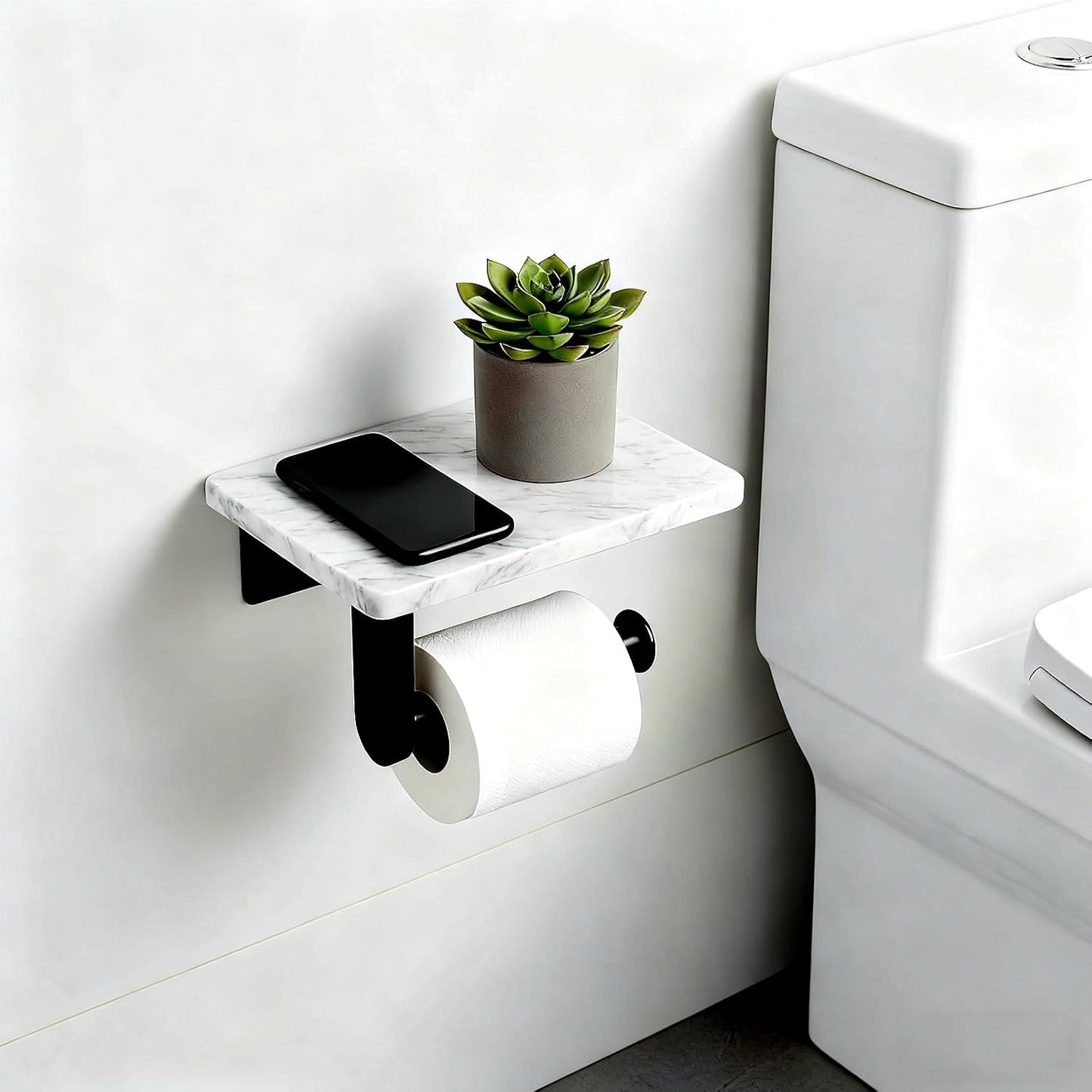 Toilet Paper Holder with Natural Marble Shelf for Bathroom Washroom,Wall Mounted Tissue Holder Suitable for Mega Roll (Brushed Nickel,Small 6.7 * 4.3 in)