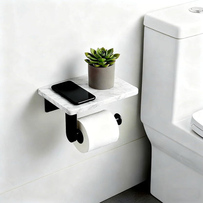 Toilet Paper Holder with Natural Marble Shelf for Bathroom Washroom,Wall Mounted Tissue Holder Suitable for Mega Roll (Brushed Nickel,Small 6.7 * 4.3 in)