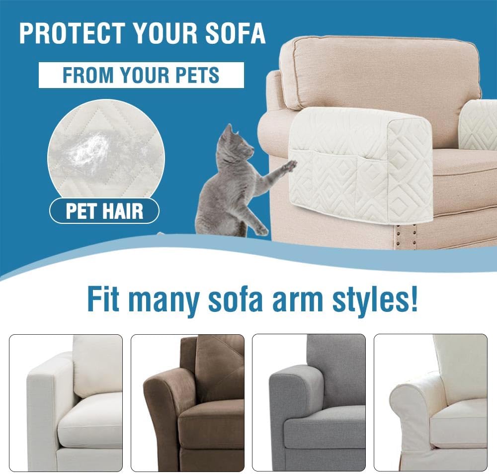 H.VERSAILTEX Water Resistant Armrest Covers for Sofa, 2 Pack, Ivory/Beige | Waterproof Armchair Caddy, Couch Arm Covers Remote Control Holder Sofa Armrest Organizer for Magazine, Tablet, Phone, iPad