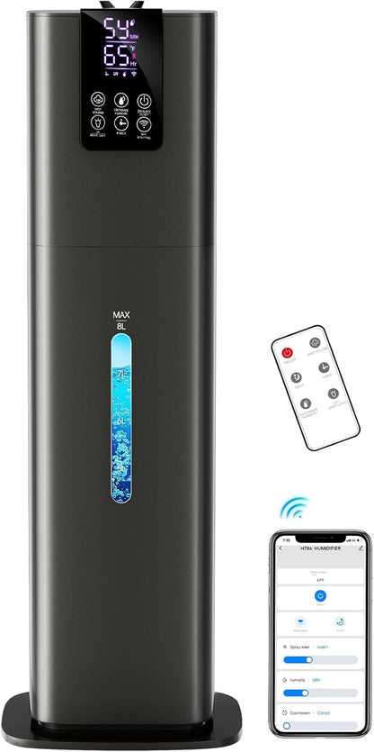 Smart Humidifiers Large Room Bedroom Home,2.11Gal(8L) Quiet Top Fill Cool Mist Humidifier,Smart App & Remote Control, 3 Speed Humidifier with 360°Nozzle,Humidity Setting for Baby Office Plant(White)