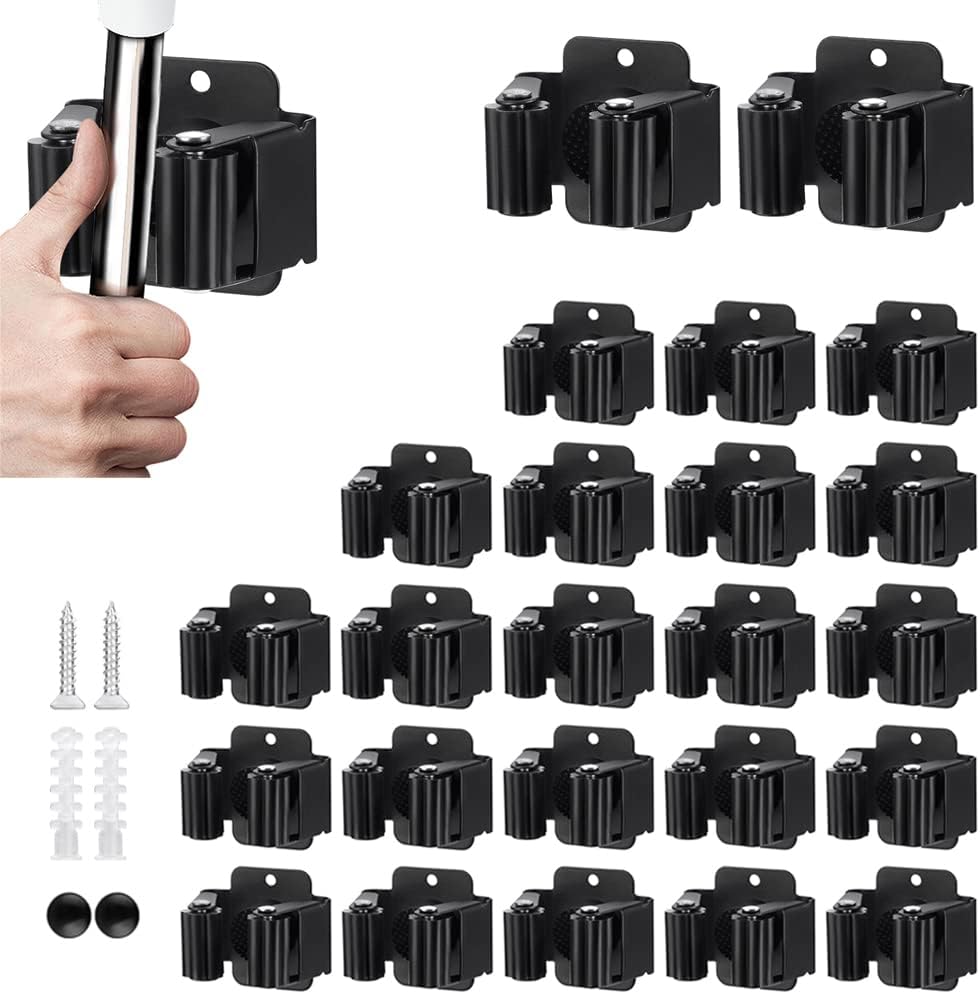 JAMEND CLXP 6PCS Broom and Mop Holder, Heavy Duty Garden Tool Organizer Rack Rake and Shovel Handle, Stainless Steel Mop Hanger. Screws for Wall Mounted. Matte Black