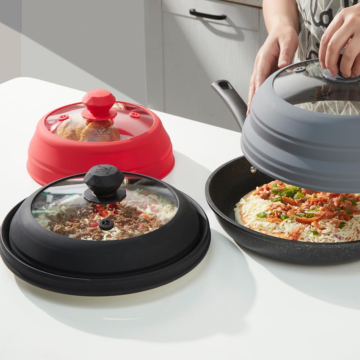 Microwave Splatter Cover Vented Glass Cover Splatter Guard Lid with Collapsible Silicone for Food as Pot Cover Plate Cover 10.8 inch for 6 7 8 9 10 inch Plate Bowl Light Grey