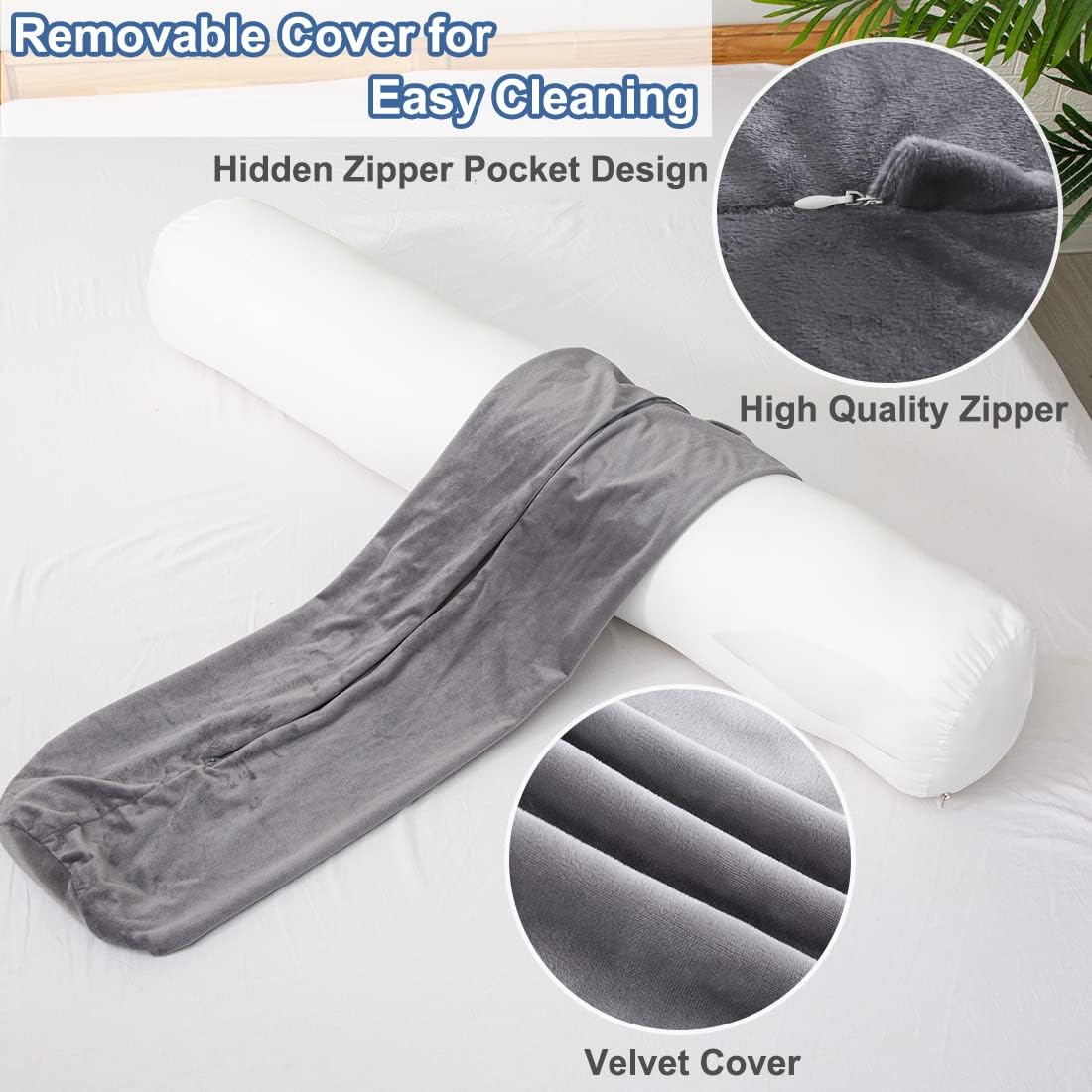 1 MIDDLE ONE Body Pillow for Adults, Bolster Pillow with Removable Velvet Cover, Long Round Cervical Roll Pillow, 35 x 7.87 Inches, Blue