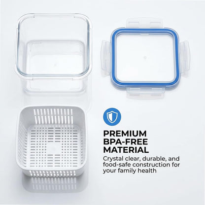4-in-1 Large Fruit Storage Container with Removable Colander, Leakproof Produce Keeper for Fridge, BPA-Free & Microwave Safe Food Organizer (Grey, S+M+L)