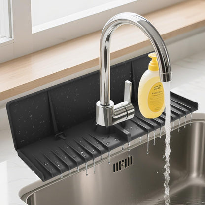 Silicone Sink Splash Guard Behind Faucet, Faucet Mat Backsplash Guard Black | Upgraded design, faucet mat for kitchen sink, drip catcher tray mat; dish soap sponge holder, kitchen counter bathroom sink