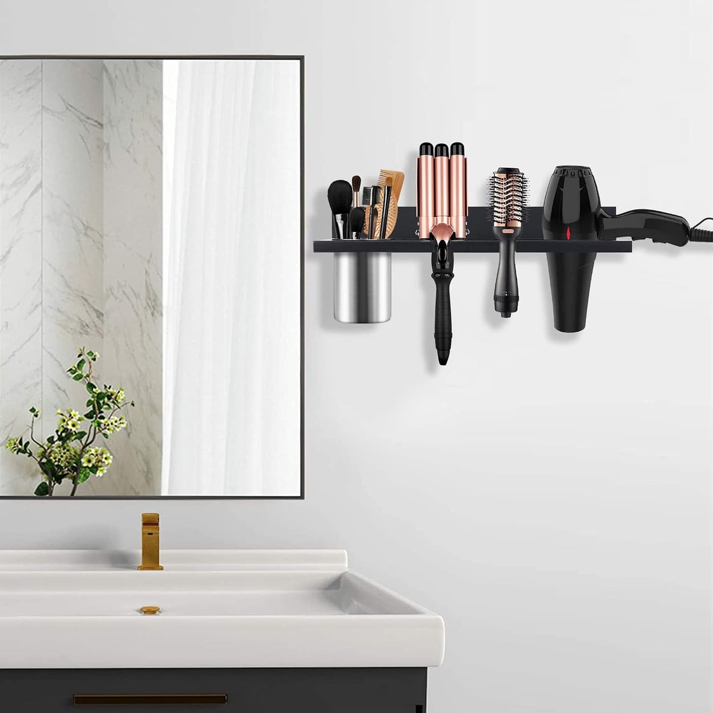 Hair Tool Organizer Wall Mounted - Wooden Dryer Holder, Blow Dryer Holder for Bathroom, Rustic Styling Tools Organizer for Flat Iron, Curling Wand, Hair Straighteners, Brushes, Black