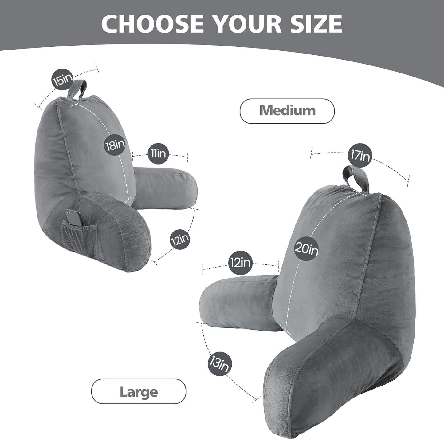 Reading Pillow with Adjustable Memory Foam,Adult Backrest with Arms, Back Pillow for Sitting in Bed with Washable Cover- Large, Gray