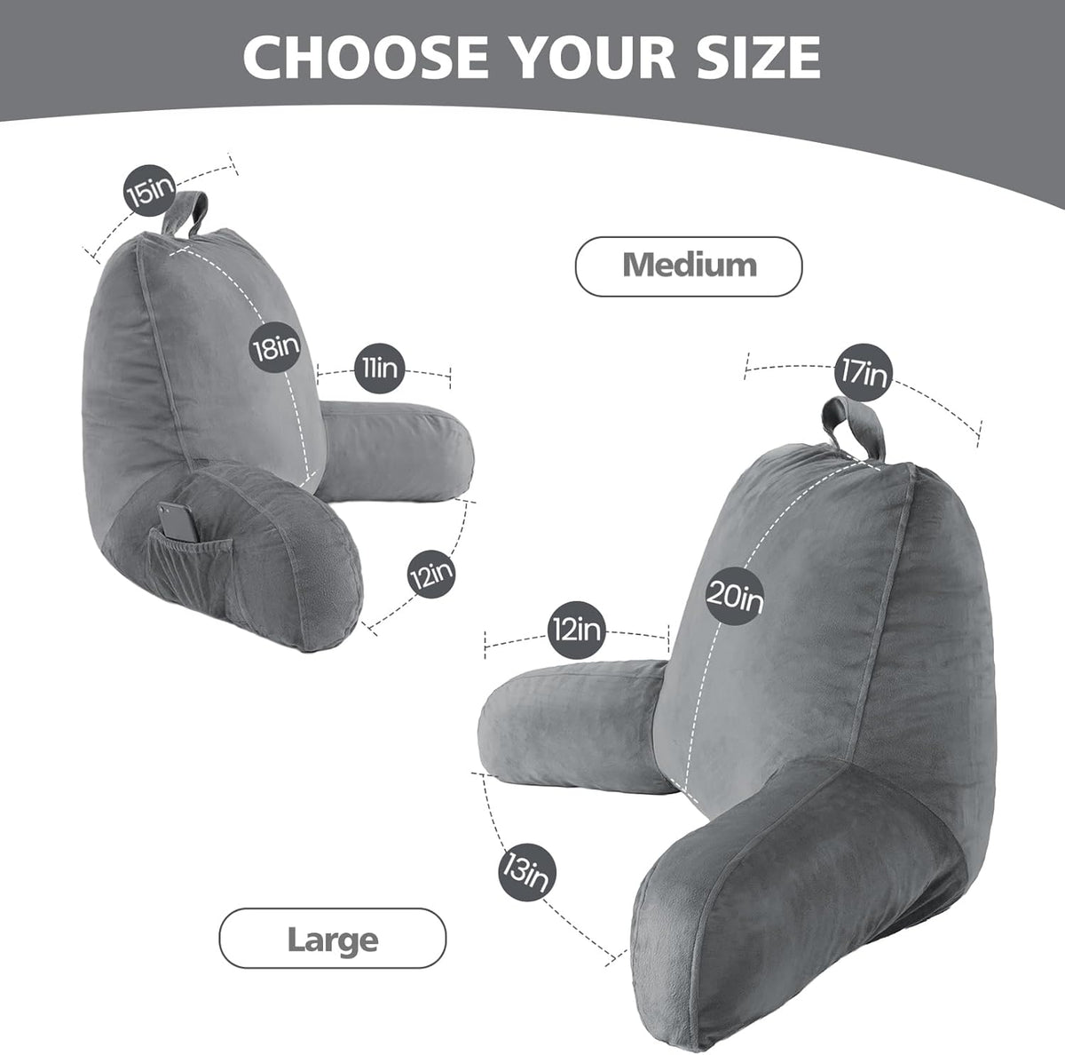 Reading Pillow with Adjustable Memory Foam,Adult Backrest with Arms, Back Pillow for Sitting in Bed with Washable Cover- Large, Gray