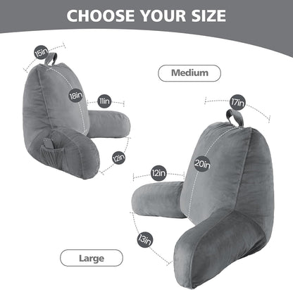 Reading Pillow with Adjustable Memory Foam,Adult Backrest with Arms, Back Pillow for Sitting in Bed with Washable Cover- Large, Gray