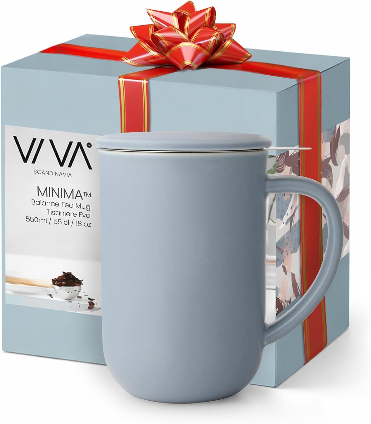 VIVA Minima Balance Porcelain Tea Cup with Infuser and Lid, Dishwasher Safe Stainless Steel Tea Infuser Mug for Loose Leaf Tea Brewing, 17 oz / 500 ml - Hazy Blue