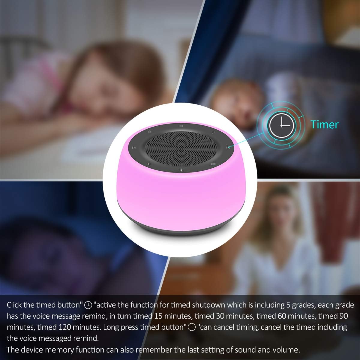 White Noise Machine with Night Lights, Sleep Sound Machine 32 Soothing Sounds for Baby Adults Kids Sleeping, Fan Wave Sound Lullaby, Timer and Memory Feature, RGB Color Touch Table Lamp