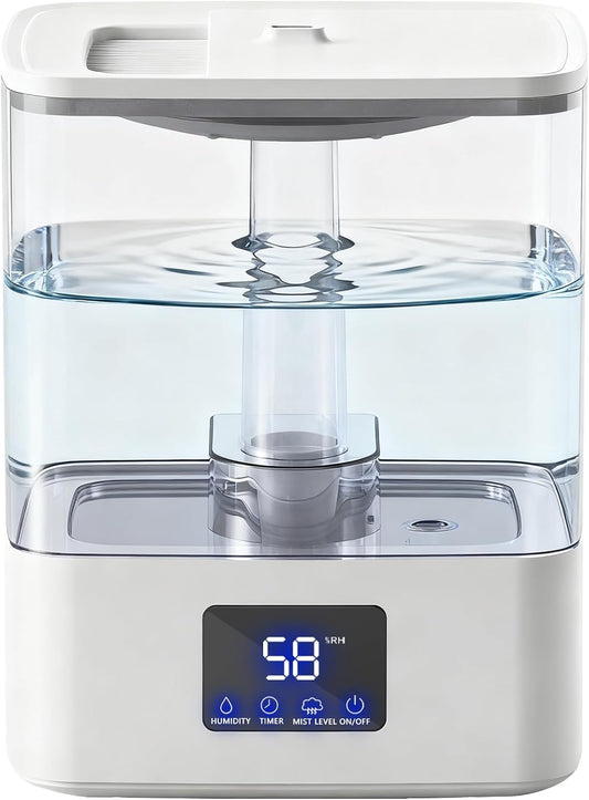 KZF 4L Top Fill Humidifiers for Bedroom & 60H Runtime - Cool Mist Humidifier, 3 Mist Levels, 8H Timer, Essential Oil Tray, Humidity Display, Quiet for Bedroom, Baby, Plants, Large Room