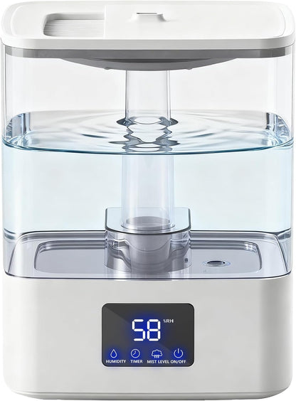 KZF 4L Top Fill Humidifiers for Bedroom & 60H Runtime - Cool Mist Humidifier, 3 Mist Levels, 8H Timer, Essential Oil Tray, Humidity Display, Quiet for Bedroom, Baby, Plants, Large Room