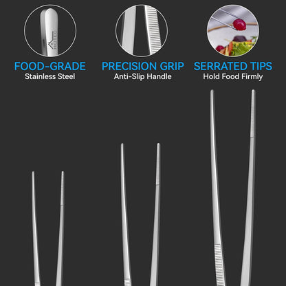 HOTEC Kitchen Tweezers Tongs Stainless Steel, Set of 6 - Professional Cooking Tweezers for Cooking, Chefs, BBQ, Seafood, Baking & Repair