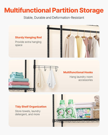 VEVOR Over The Washer and Dryer Storage Shelf, 3 Tier Laundry Room Drying Rack with Hanger Rod and Hooks, Adjustable Over Washer and Dryer Shelves, Laundry Room Shelf Storage Space Saver, White