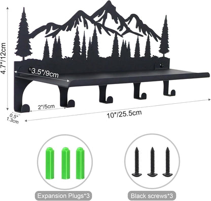 Key Holder for Wall, Metal Decorative Wall Mounted Mountain Key and Mail Holder with Shelf, 2 in 1 Key Hooks for Entryway, Front Door, Hallway, Key Organizer and Key Rack (10 Inches)