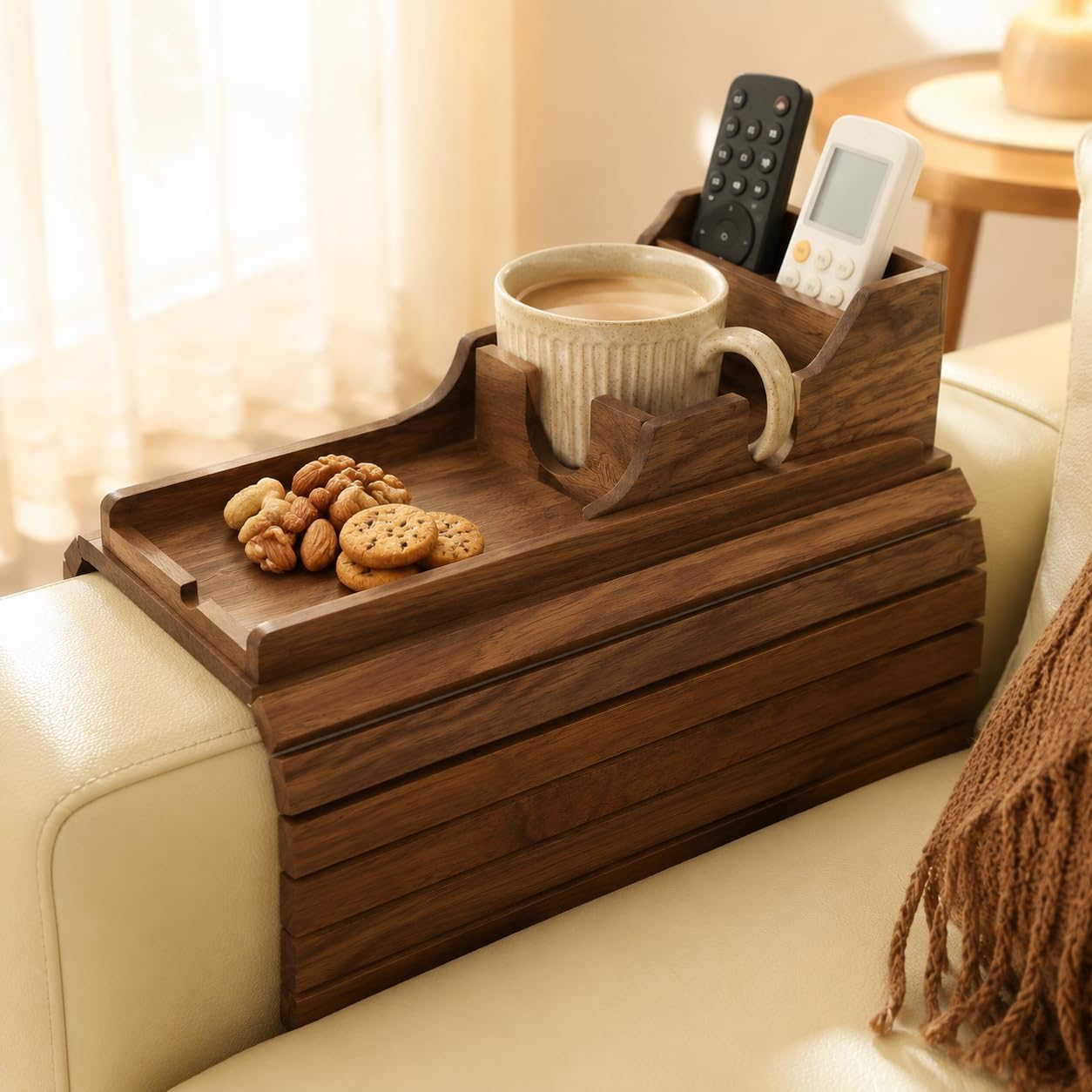 Acacia Couch Armrest Table, Over the Couch Arm Tray with Removable Couch Cup Holder, 2 in 1 Design Foldable Armchair Couch Caddy and Sofa Drink Cup Holder for Home Essentials Decor Hack