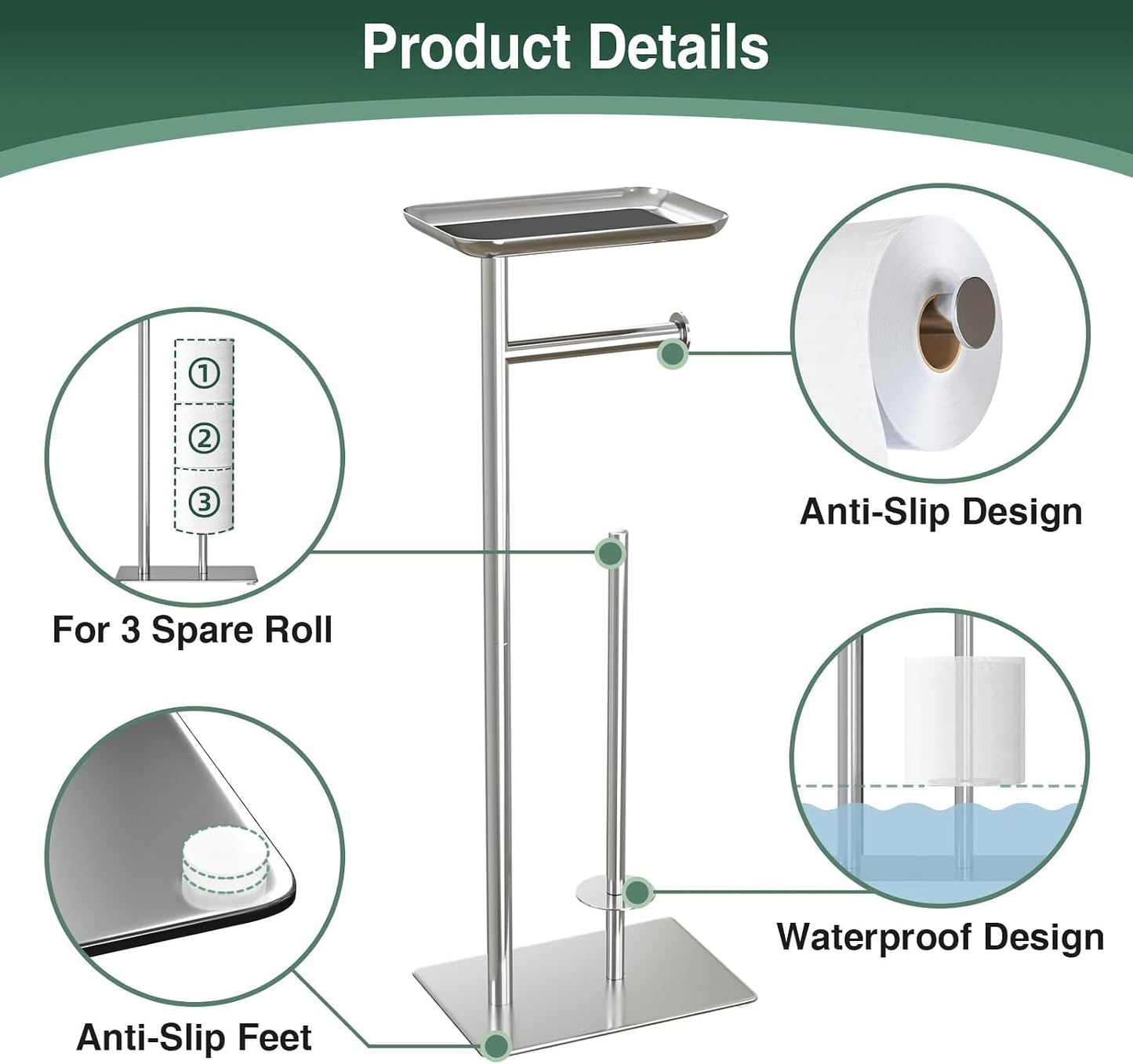 Toilet Paper Holder Stand with Top Storage Shelf | Free Standing Toilet Roll Dispenser for Bathroom, Holds 4 Reserve Rolls, Silver
