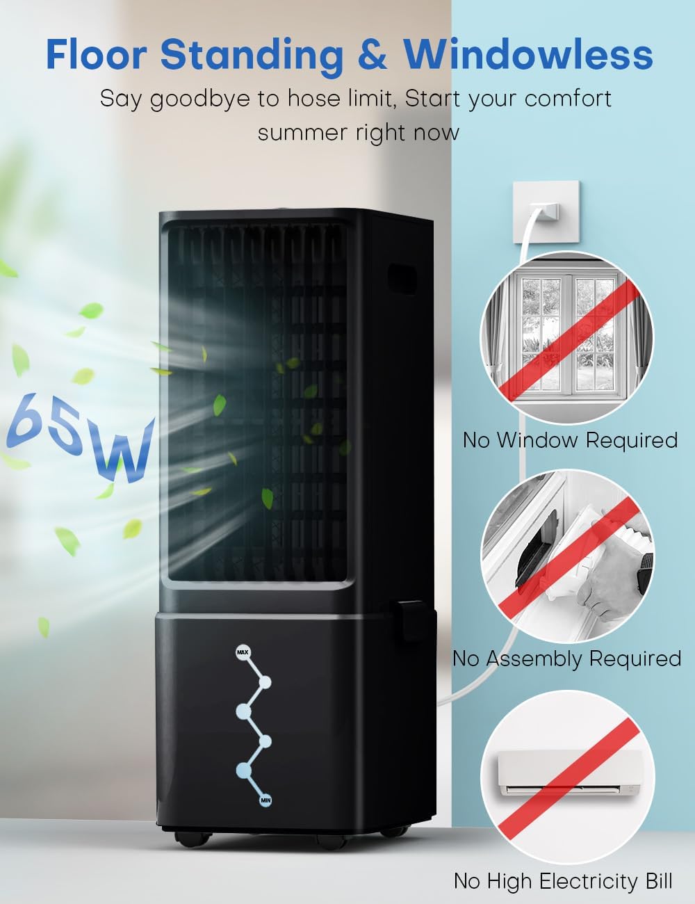 Portable Air Conditioners 4 Modes&3 Speeds,4 Ice Packs, Waterless Alert System, 12H Timer, Remote,1 Gal Detachable Water Tank, 70°Oscillation Windowless Evaporative Air Cooler for Room Office
