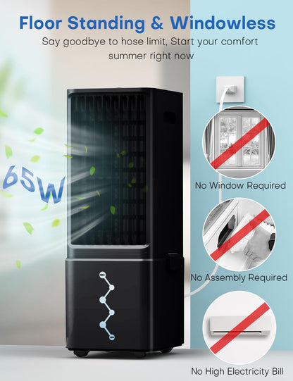 Portable Air Conditioners 4 Modes&3 Speeds,4 Ice Packs, Waterless Alert System, 12H Timer, Remote,1 Gal Detachable Water Tank, 70°Oscillation Windowless Evaporative Air Cooler for Room Office