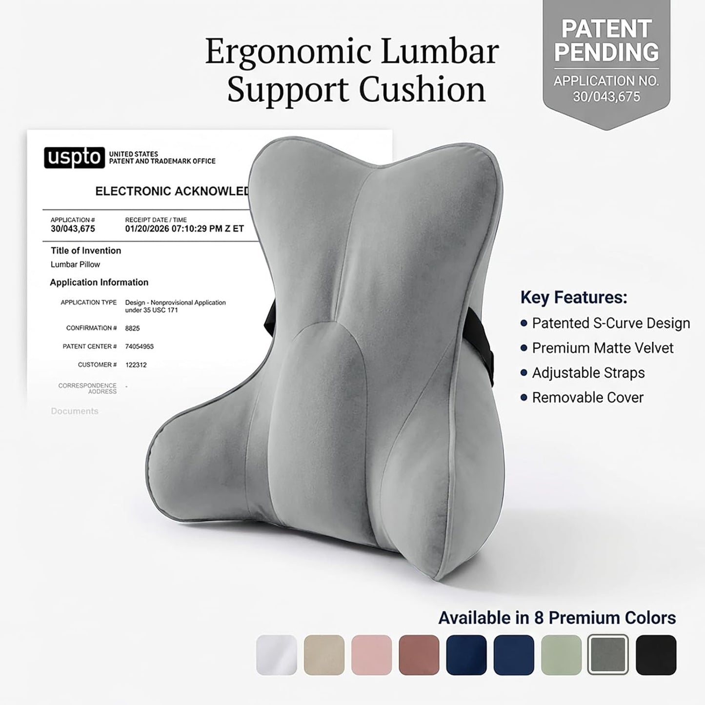 Lumbar Support Pillow(Pat. Pend) – Multi-Functional Ergonomic Back Cushion for Sofa Chair, Car Seat & Sofa, Reading Pillow with Firm Multi-Zone Support to Relieve Lower Back Pain, Misty White