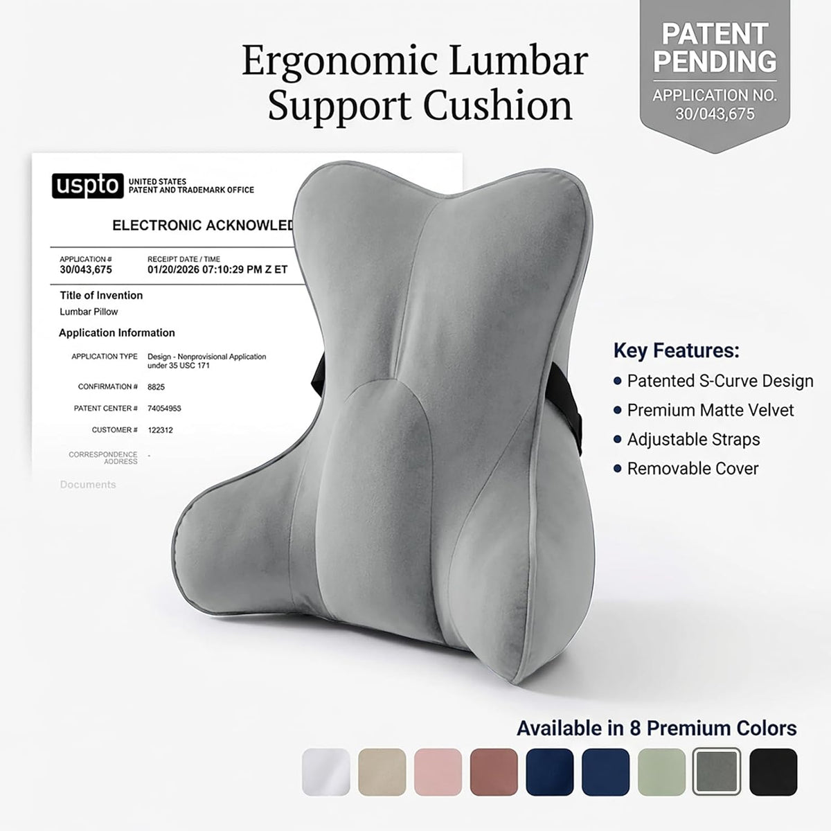 Lumbar Support Pillow(Pat. Pend) – Multi-Functional Ergonomic Back Cushion for Sofa Chair, Car Seat & Sofa, Reading Pillow with Firm Multi-Zone Support to Relieve Lower Back Pain, Misty White