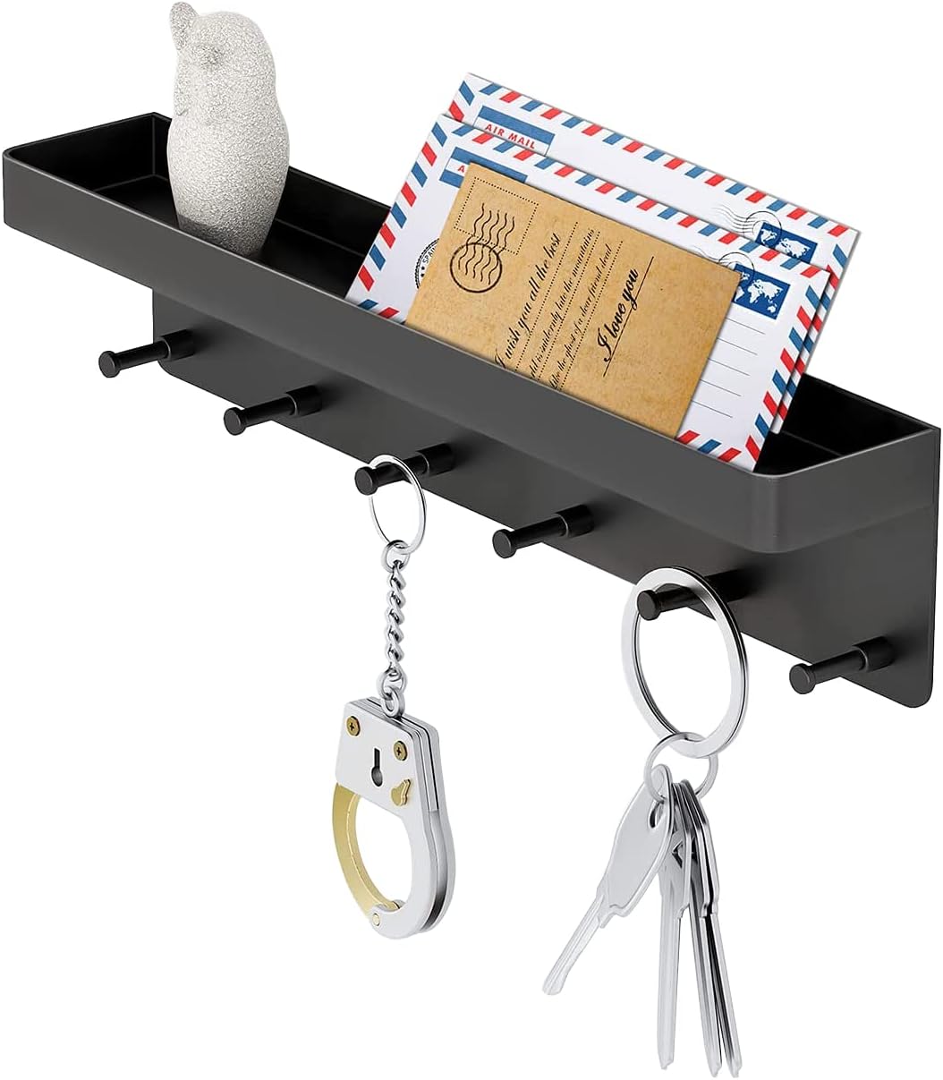 MKO Key Holder Wall Mount, Key Holder Wall Mount Adhesive with Mail Organizer Tray with 6 Key Hooks for Wall, Black | Metal Material, Key Rack with Shelf, Mail Organizer Tray for Entryway, Hallway, Living Room
