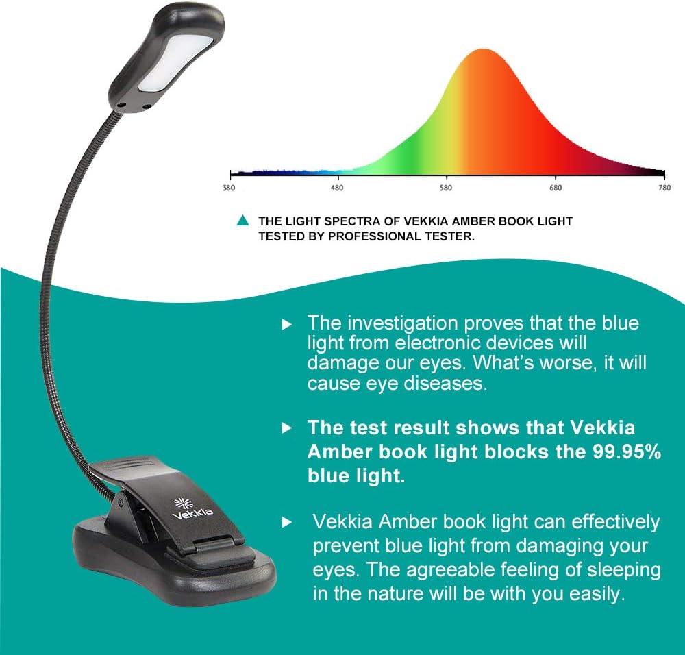 Vekkia Amber Rechargeable 7 Led Eye Care Book Light | with Blue - Light Blocking/3 Levels, 1600K for Eye - friendly Use/Offers Up to 70 Hours of Reading