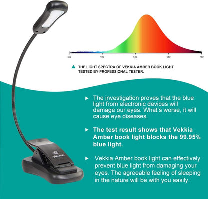 Vekkia Amber Rechargeable 7 Led Eye Care Book Light | with Blue - Light Blocking/3 Levels, 1600K for Eye - friendly Use/Offers Up to 70 Hours of Reading