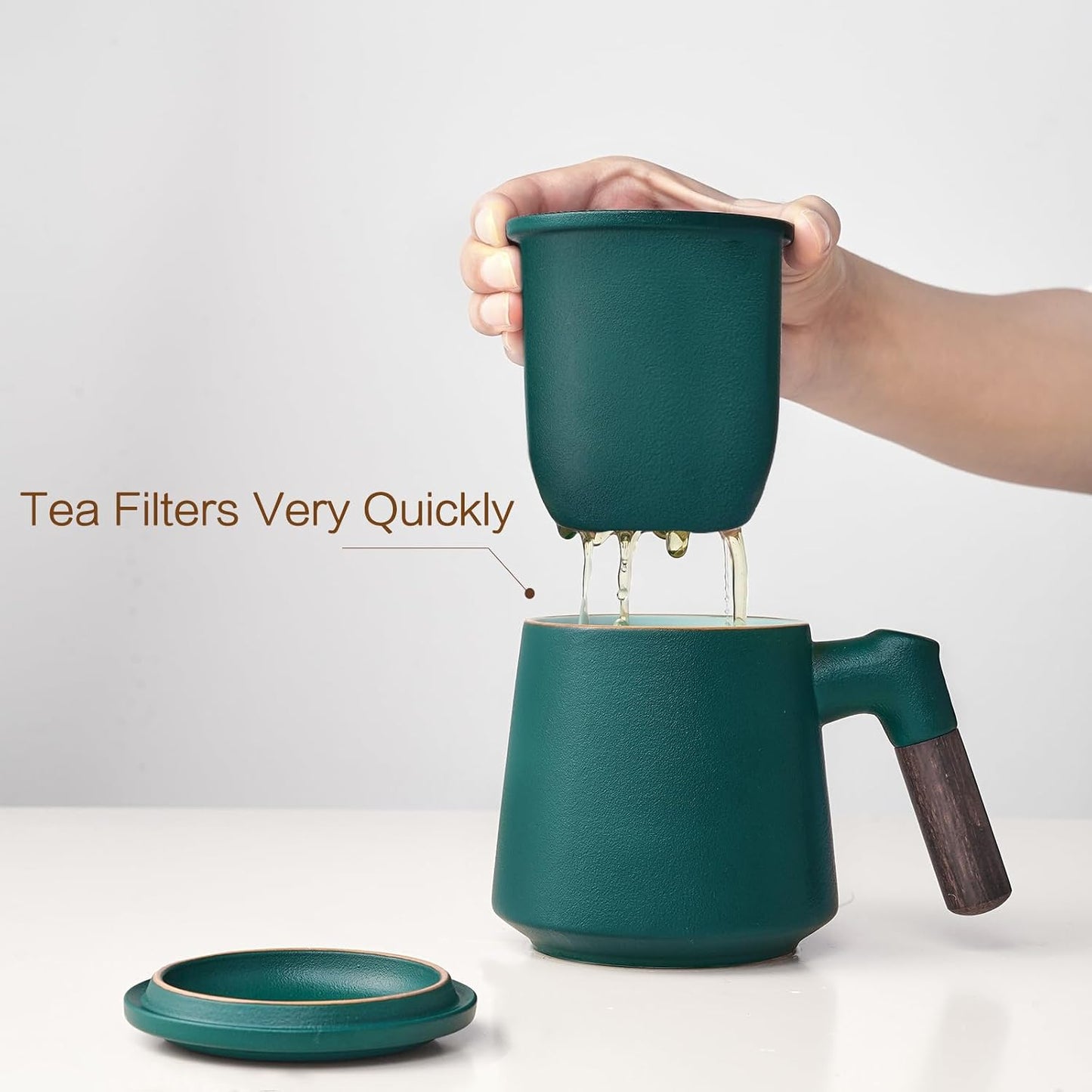 ZENS Tea Cup with Infuser and Lid & Coaster for Tea Steeper, 15oz Blue | Embossed Ceramic Tea Infuser Mug for Loose Leaf Tea Difussers, Tea Lovers Gifts, Nature Wood Handle