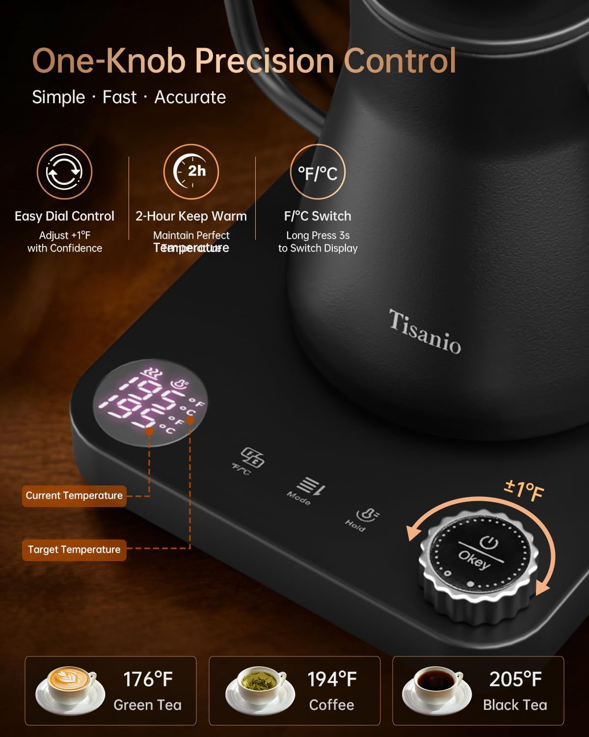 Gooseneck Electric Kettle with Temperature Control, 0.9L, Black | ±1°F Precision Pour Over Kettle, LCD Dual Display, Smart Two-Stage Heating, 2H Keep Warm, 304 Stainless Steel Interior