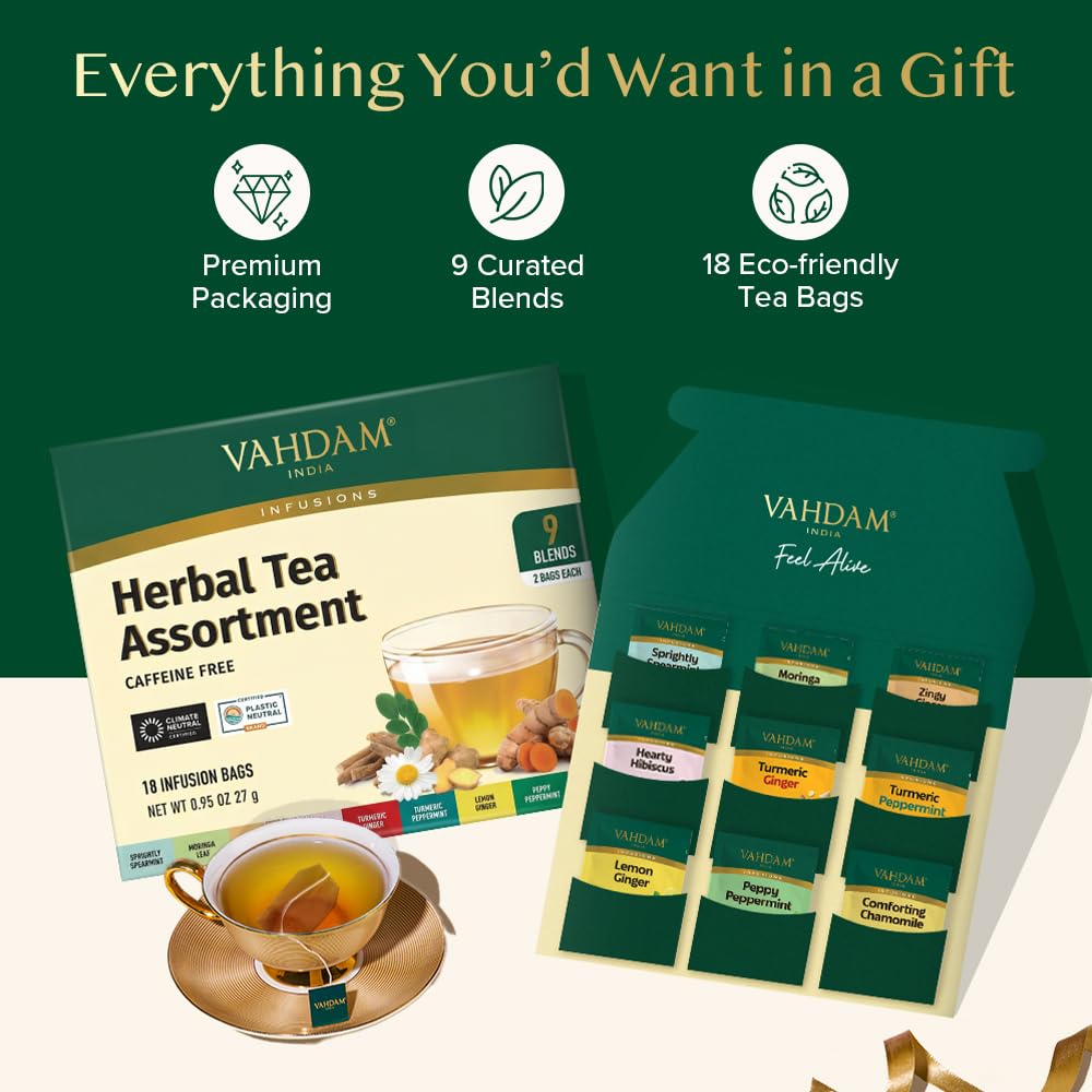 VAHDAM, Assorted Herbal Tea Sampler (18 Tea Bags, 9 Flavors) Caffeine-Free, Non-GMO | Double Infusion, Individually Enveloped Tea Bags | Herbal Tea Assortmen