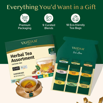 VAHDAM, Assorted Herbal Tea Sampler (18 Tea Bags, 9 Flavors) Caffeine-Free, Non-GMO | Double Infusion, Individually Enveloped Tea Bags | Herbal Tea Assortmen