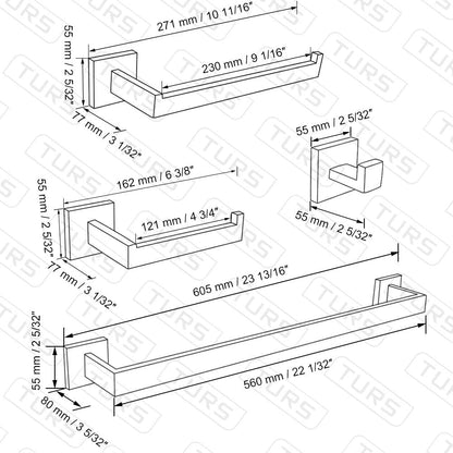 TURS Bathroom Hardware Set Black 4-Piece Towel Bar Set Include 24 Inch Towel Bar Hand Towel Holder Towel Hook Toilet Paper Holder with Shelf Wall Mounted Stainless Steel Bathroom Accessories Set