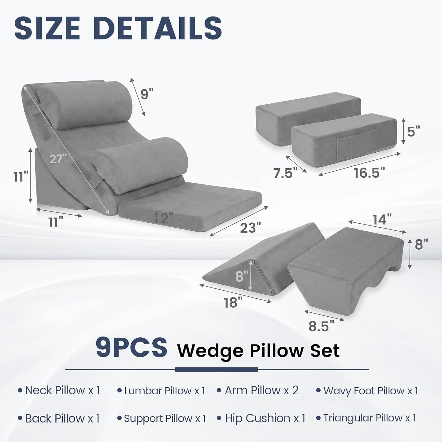 5PCS Wedge Pillow Set for After Surgery, Adjustable Orthopedic Foam Bed Wedge Pillow for Acid Reflux, GERD & Heartburn Relief, Back & Leg Elevation Support for Sleeping & Sitting Up, White Grey