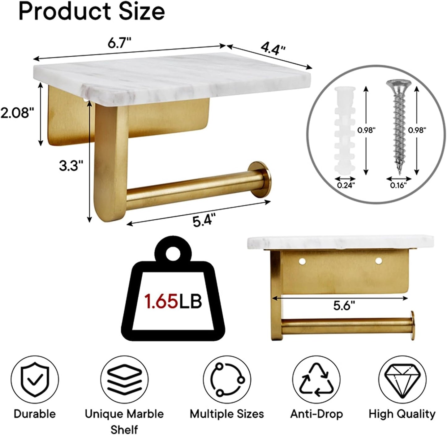 Toilet Paper Holder with Natural Marble Shelf for Bathroom Washroom,Wall Mounted Tissue Holder Suitable for Mega Roll (Brushed Nickel,Small 6.7 * 4.3 in)