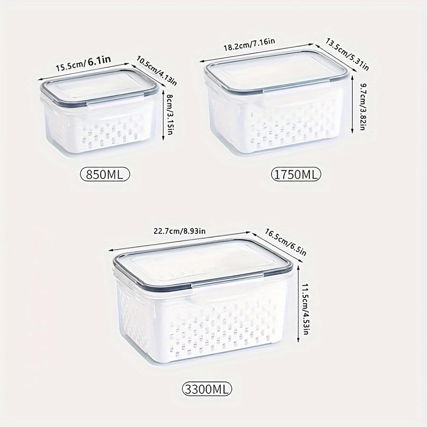 3pcs 4 in 1 Fruit Storage Containers for Fridge with Removable Colanders | Airtight, stackable, keeps food fresh. Dishwasher safe. Berry, vegetable, produce basket, strainer, refrigerator keeper