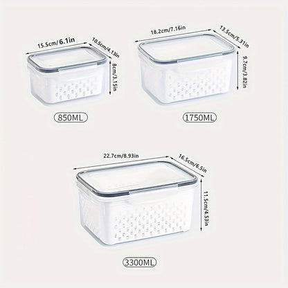 3pcs 4 in 1 Fruit Storage Containers for Fridge with Removable Colanders | Airtight, stackable, keeps food fresh. Dishwasher safe. Berry, vegetable, produce basket, strainer, refrigerator keeper