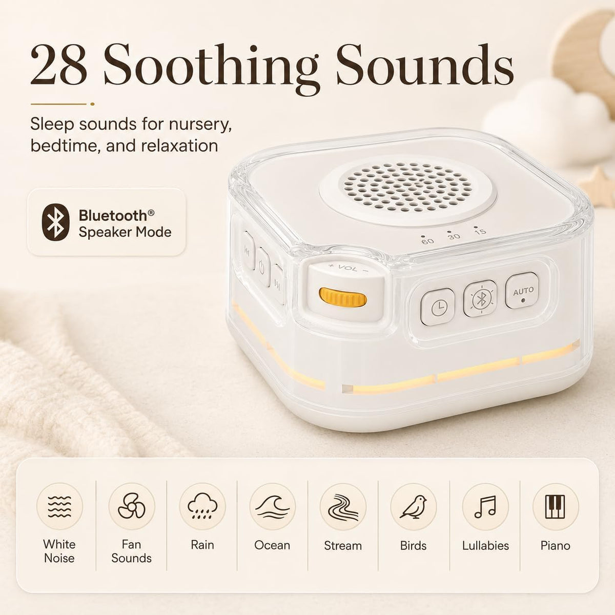 White Noise Machine for Baby Sleep, Bluetooth Speaker for Nursery Travel