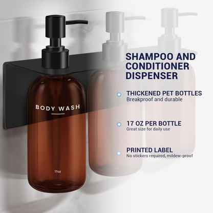Shampoo Conditioner Body Wash Dispenser Bonus Soap Dish and Hook, Amber | 17 fl oz Set of 3 Amber Plastic Bottles with Black Pumps, Drill Free Adhesive Bathroom Organizer, Dorm Room Essentials