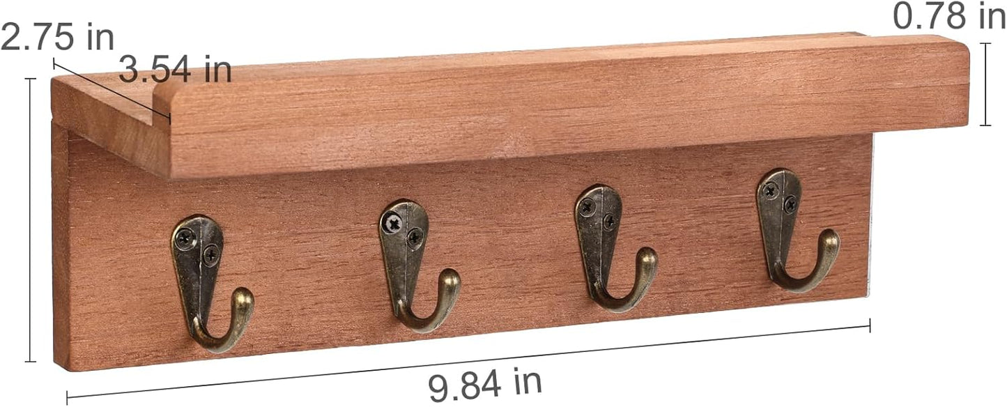 HRONRAD Rustic Key Holder for Wall, Farmhouse Wall Shelf with 4 Hooks, Wall Mounted Key Racks, Wooden Mail Organizer with Hooks for Entryway (Brown - Pine)