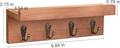 HRONRAD Rustic Key Holder for Wall, Farmhouse Wall Shelf with 4 Hooks, Wall Mounted Key Racks, Wooden Mail Organizer with Hooks for Entryway (Brown - Pine)
