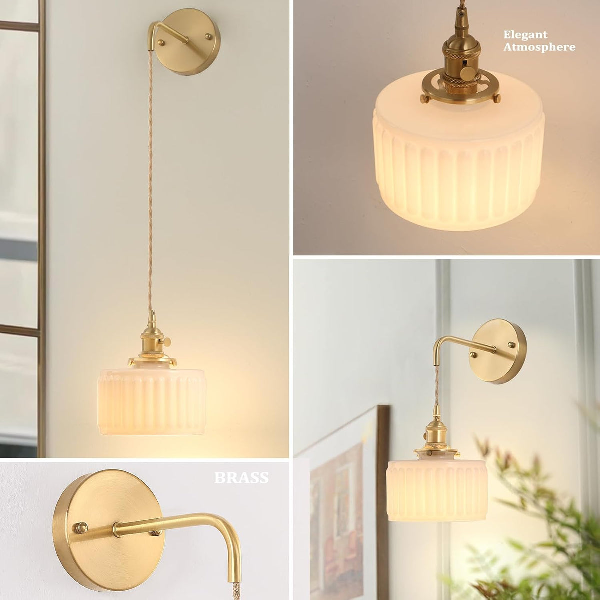 Shenmoyl Battery Operated Wall Sconce with Green Striped Shade Pattern Glass Adjustable Chain Retro Gold Wall Mounted Light, Modern Wall Lamp Fixtures Decor for Bedside Bedroom Indoor Doorway